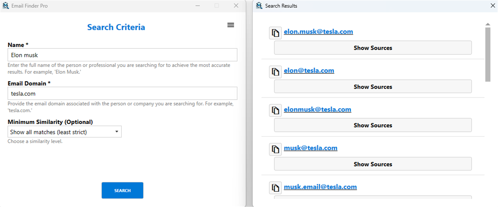 Email Finder Pro interface screenshot from Microsoft Store
